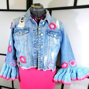 Refashioned Distressed Crochet Jean Ruffle Jacket CLOSING CLOSET SEPT 30TH 50%